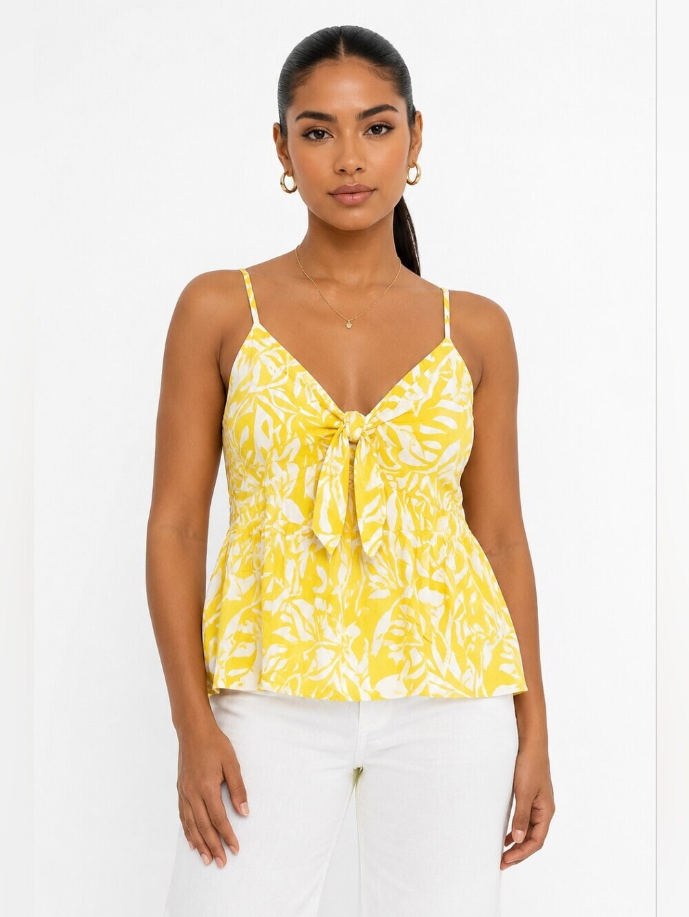 Xhilaration Yellow & White Floral Print Tie Front Peplum Cami Top | Adjustable S